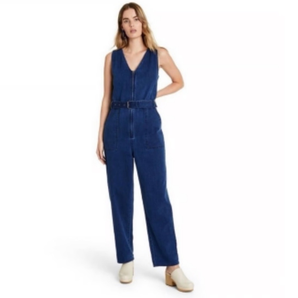 Rachel Comey X Target V-neck Zip Front Denim Belted Jumpsuit Stretch 4 Cotton